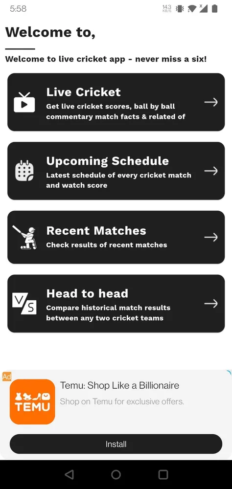 Snapish Live Cricket main screen